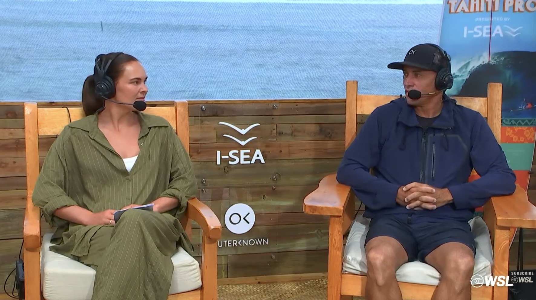 Kelly Slater in the WSL commentary booth at the Tahiti Pro