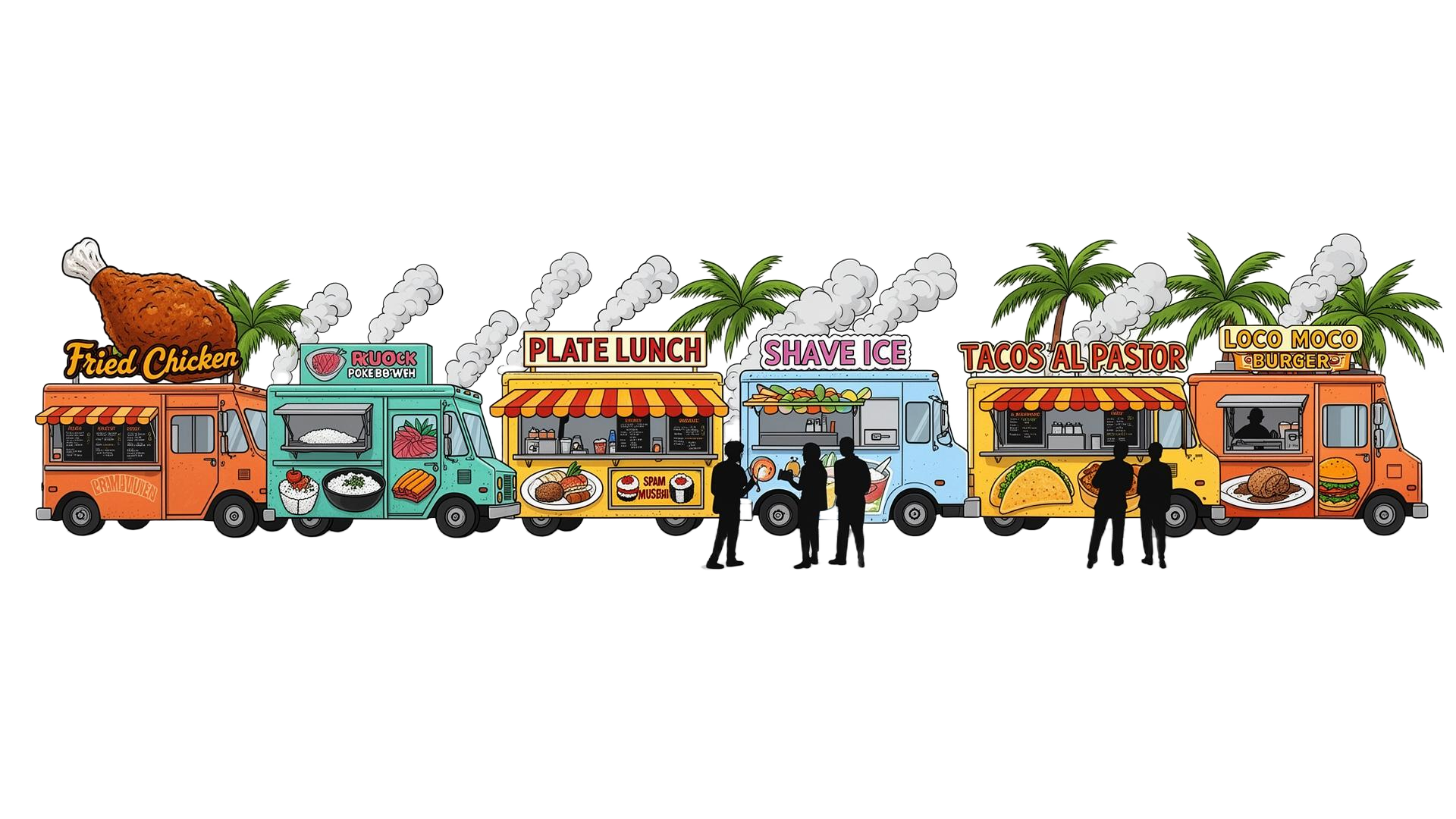 Row of beach food trucks: fried chicken, poke, plate lunch, shave ice, tacos, loco moco